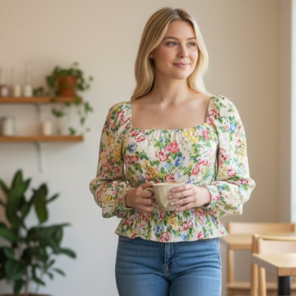 NWT AFRM X Nordstrom Soph Floral Long Sleeve Smocked Crop Top - Picture 1 of 7